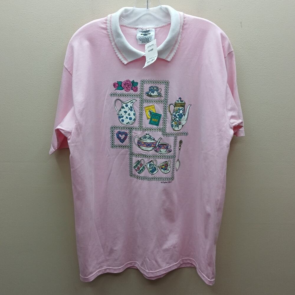 VTG Gopher Sport Short Sleeve Tea Time Print Shirt Top Pink Large NWT Cottage